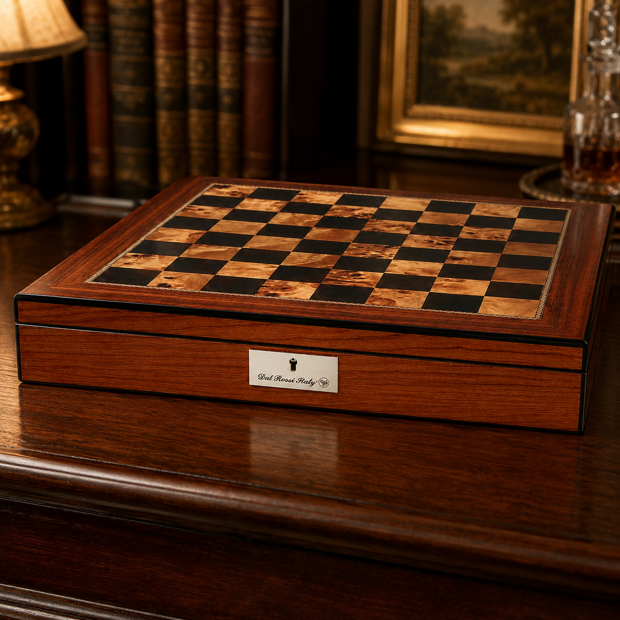 Dal Rossi 50cm chess board with storage displayed in a study