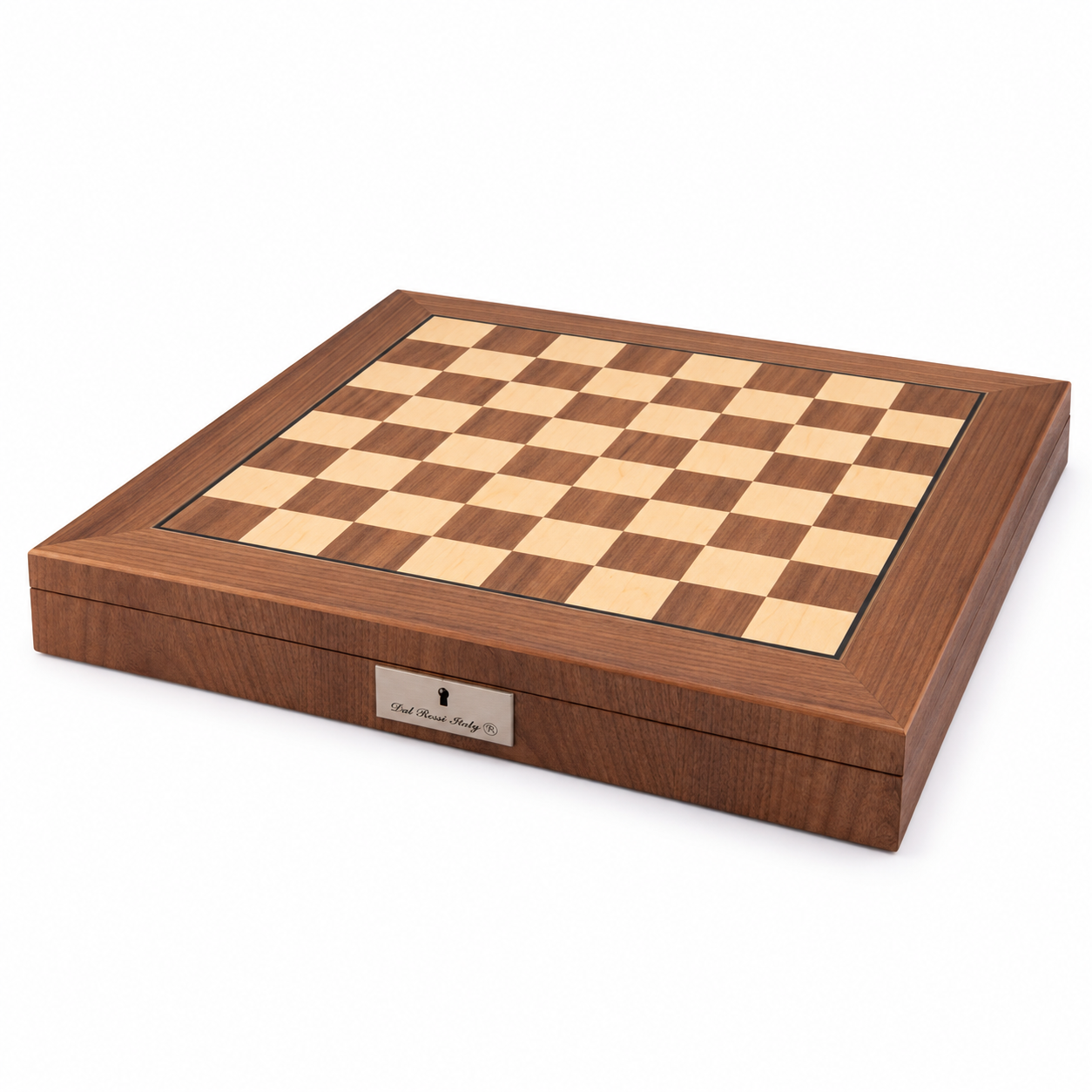 Dal Rossi Walnut Inlaid 50cm Chess Board With Storage, angled view