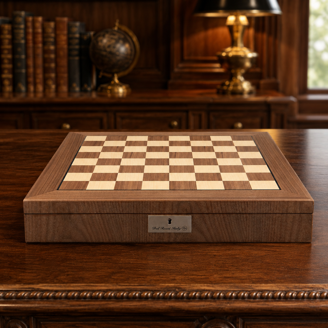 Dal Rossi Walnut Inlaid 50cm Chess Board With Storage on a study desk