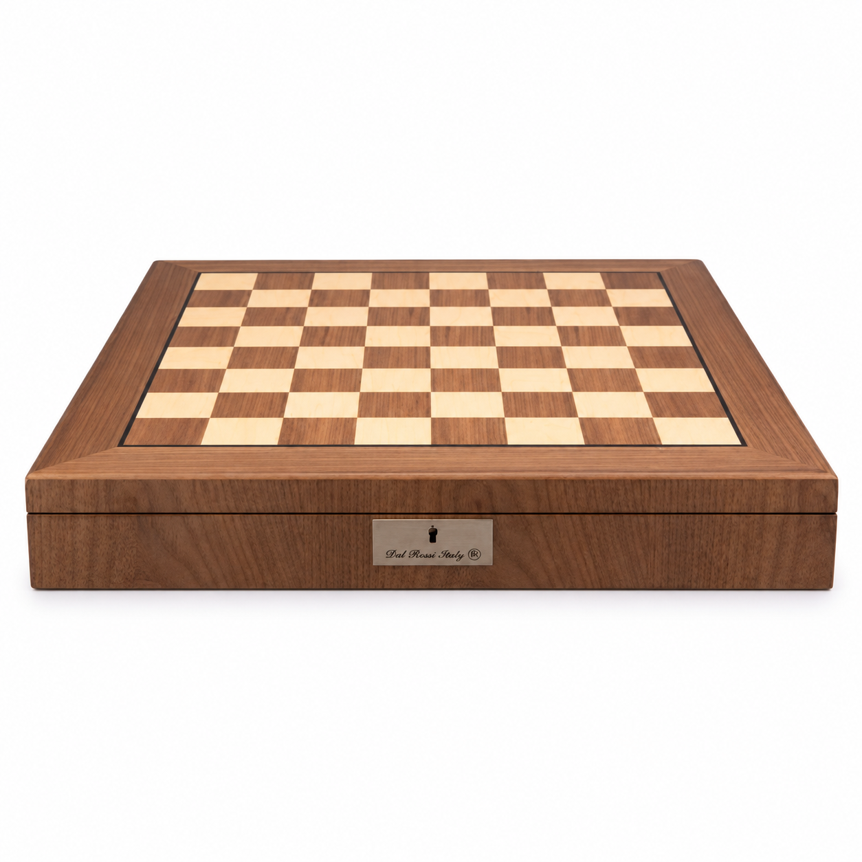 Front view of the Dal Rossi walnut inlaid chess box showing the light and dark squares