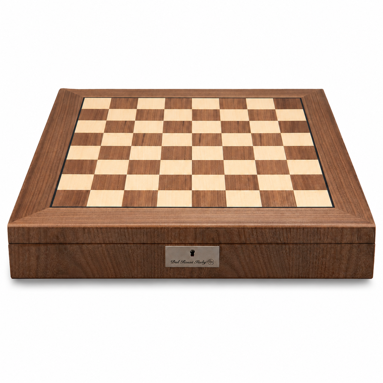 Dal Rossi walnut inlaid chess box with a walnut frame and fine dark border line
