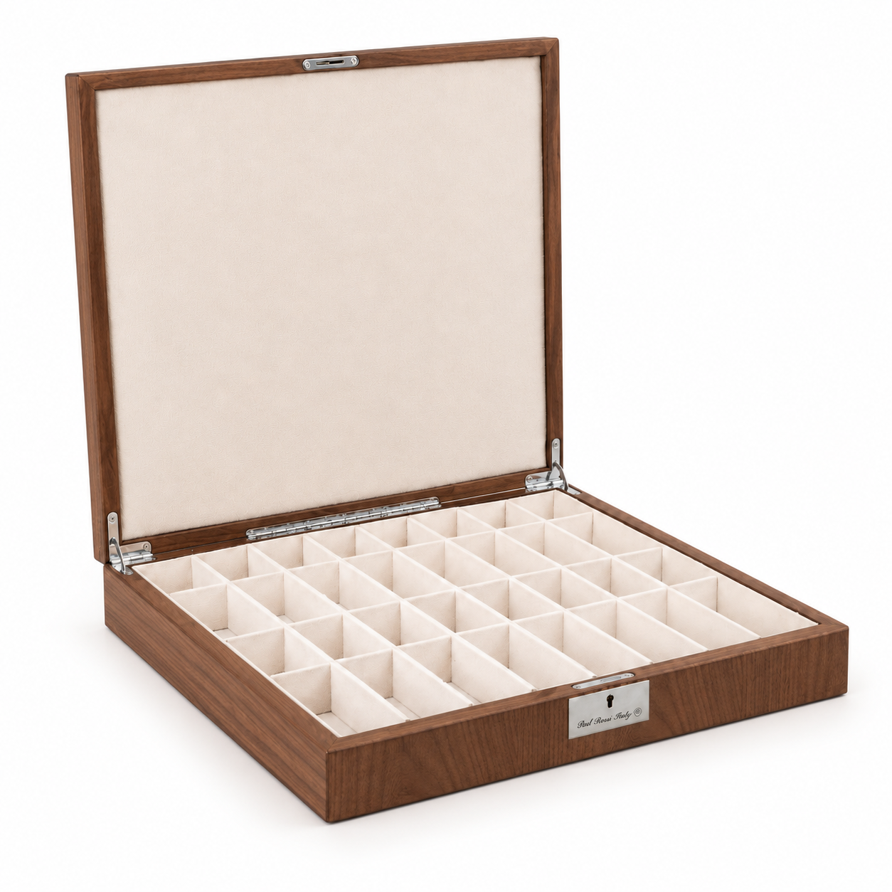 Open Dal Rossi walnut inlaid chess box with compartments under the lid for chess pieces