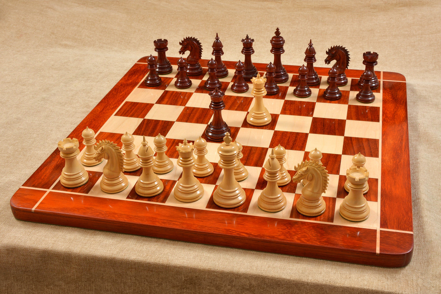 Sterling Chess Ferocious Elite Series chess set in bud rosewood and boxwood, 111mm king