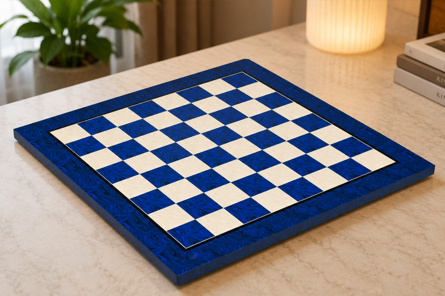 Blue burl tournament chess board, 53cm with 57mm squares