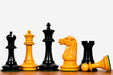 Sterling Chess 1887 Turner Teich Staunton chess pieces in ebony and golden antiqued boxwood, 103mm king