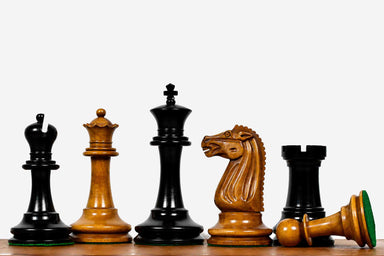 Sterling Chess 1887 Turner Teich Staunton chess pieces in ebony and antique boxwood, 103mm king