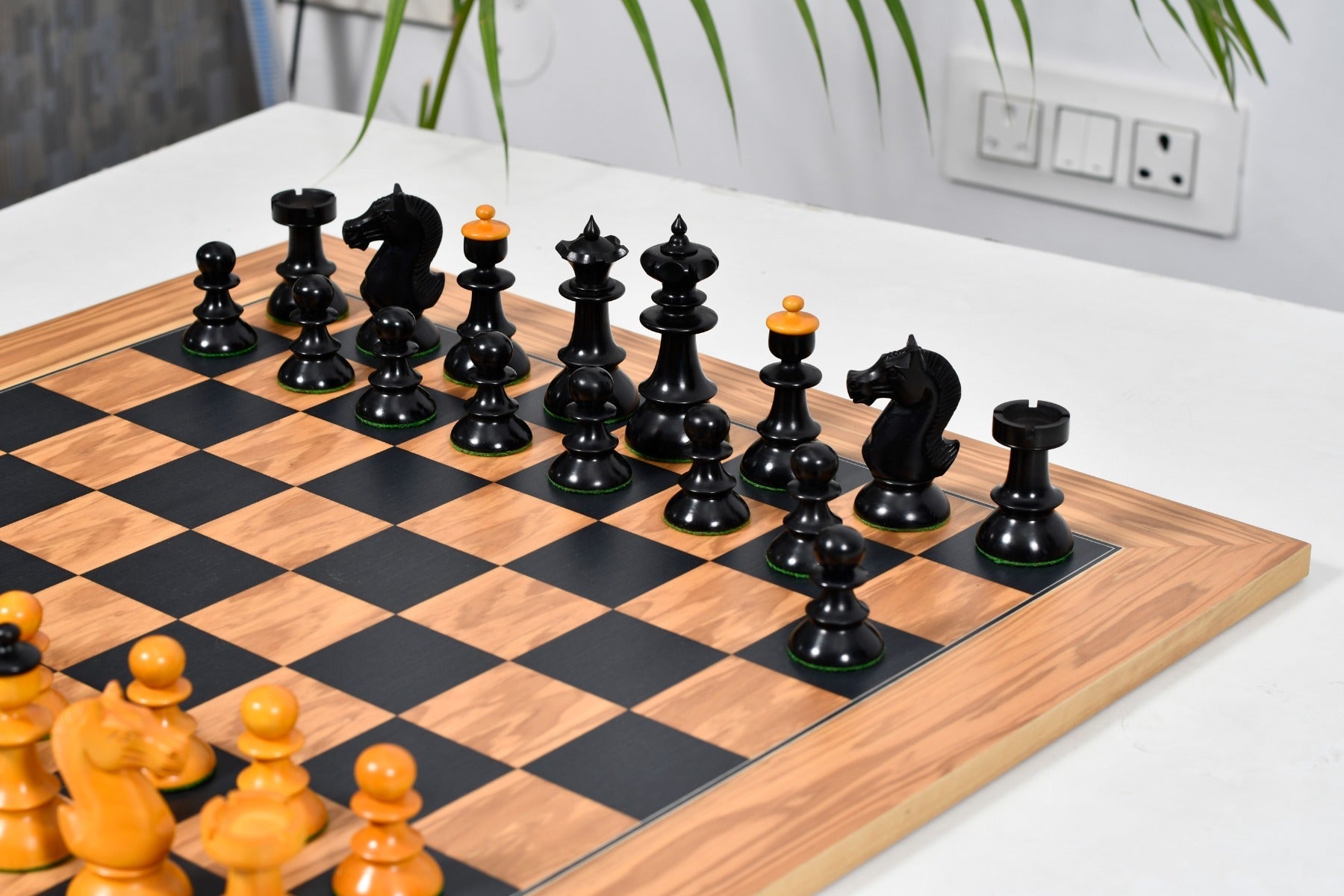 Knight carving detail on the Old Vienna V2.0 chess set in ebonised and antiqued boxwood