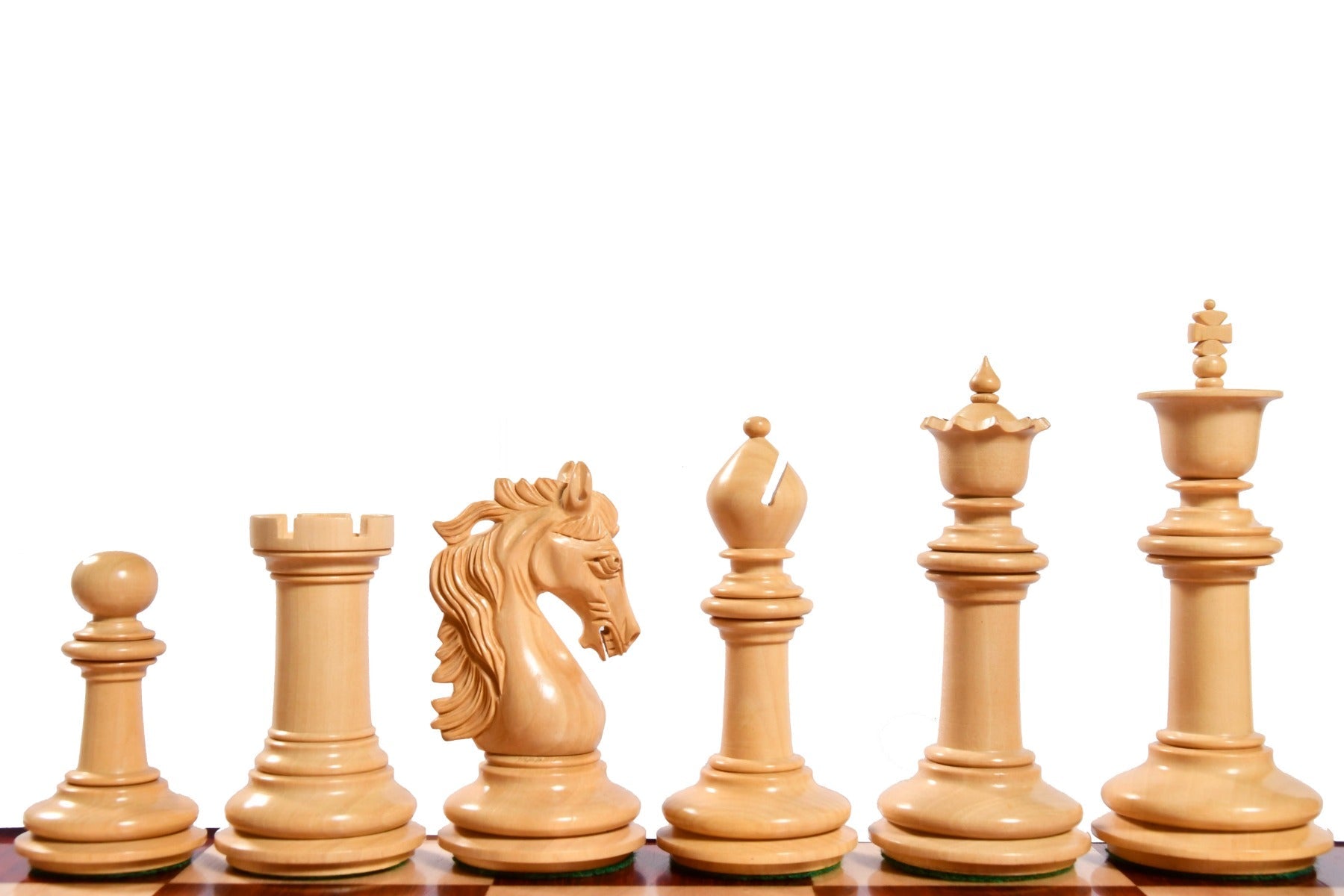 Bud rosewood chess pieces with a 113mm king and weighted felted bases