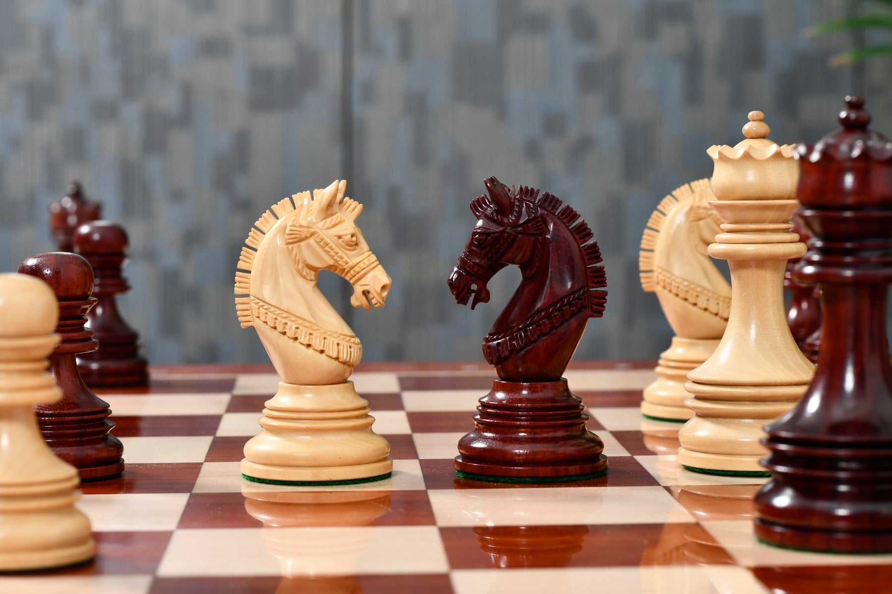 Knight carving detail on the Indian Chetak II chess pieces in bud rosewood and boxwood