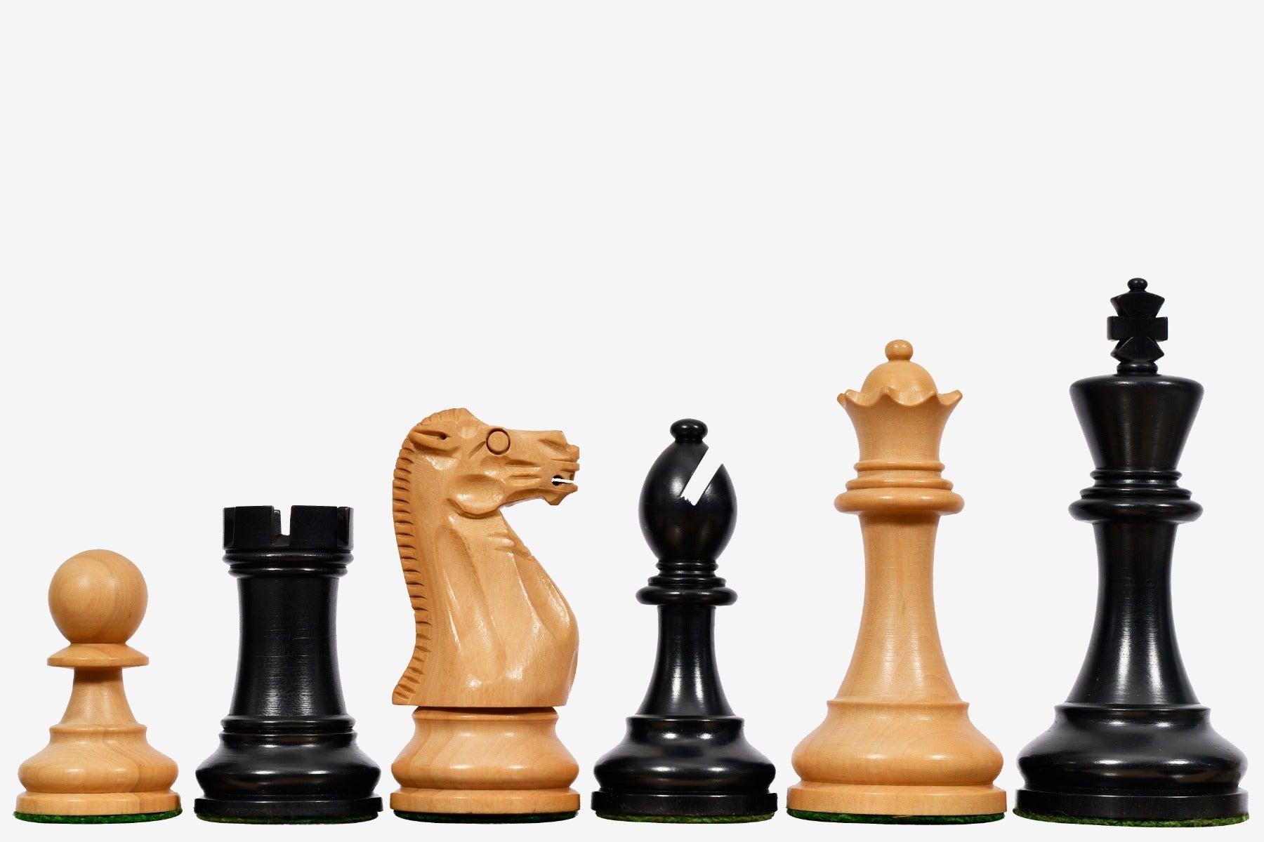 Sterling Chess Grandmaster Staunton chess pieces in ebonised and natural boxwood, 95mm king