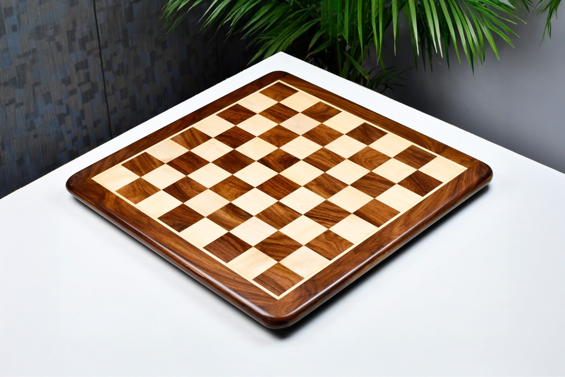 Indian sheesham and maple 17 inch chess board, green velvet underside