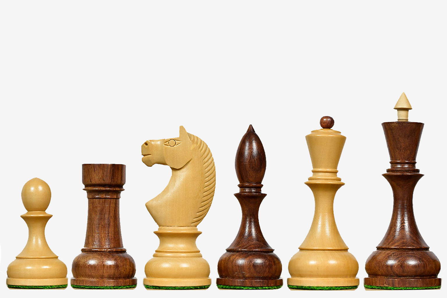 Reproduction 1930s Leningrad Schoolboy sheesham and boxwood chess pieces with 106mm king