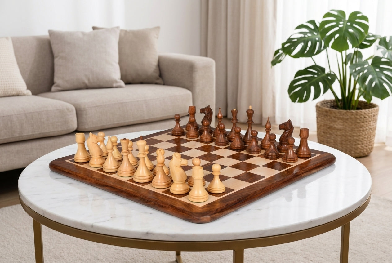 Sterling Chess 1961 Soviet Baku chess set in sheesham and boxwood, 103mm king and 48cm board
