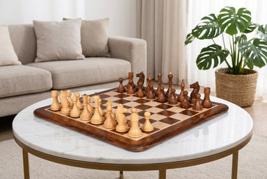 Sterling Chess 1961 Soviet Baku chess set in sheesham and boxwood, 103mm king and 48cm board